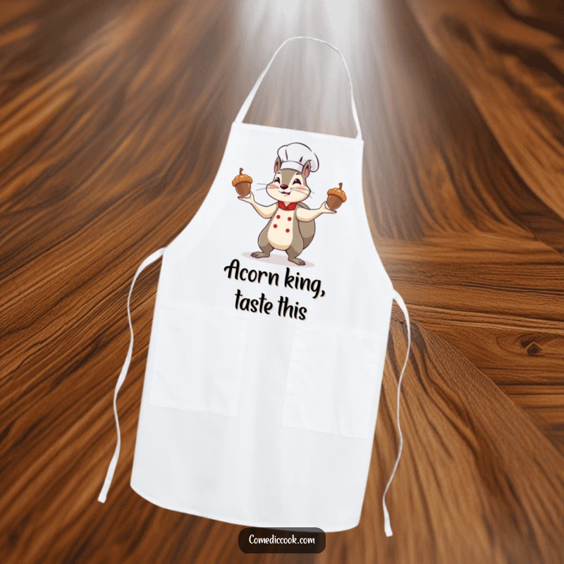 Funny squirrel chef apron, a determined character juggling acorns, perfect for protecting clothes during cooking with a humorous, nutty theme.