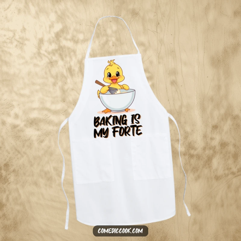 Funny duckling chef wearing an apron, whisking batter with excitement, a funny kitchen gift for bakers.