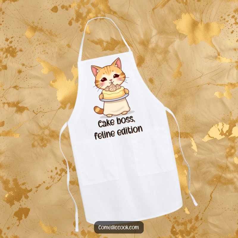 Funny Cat Baker Apron showing a cat in an apron presenting a piped cake, ready for kitchen success.