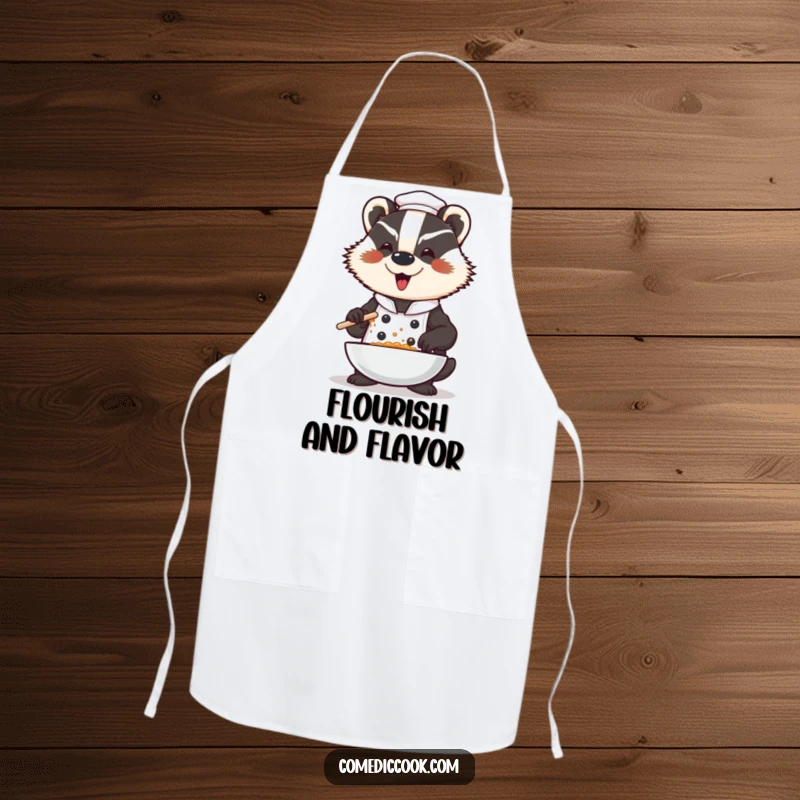 Funny badger chef apron, a dramatic character seasoning a dish with a flourish, perfect for protecting clothes during cooking with a humorous theme.