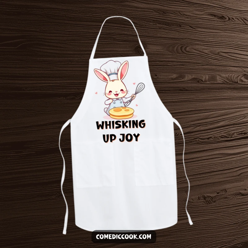 Funny bunny chef in a tall toque, flipping a pancake with a whisk, printed on a durable apron for culinary adventures.