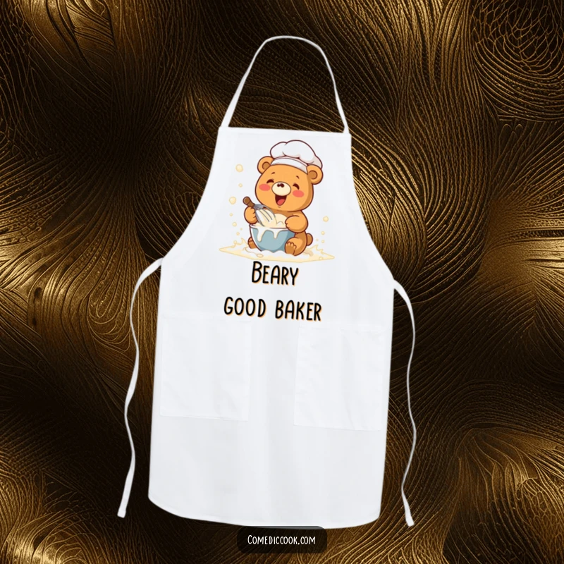 Funny apron featuring a kawaii chef bear whisking batter in a flour cloud, perfect for humorous baking activities.