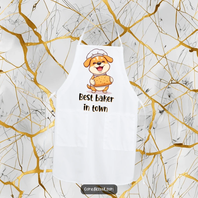 Funny Dog Chef Apron: A joyful dog chef proudly presents fresh bread, a humorous and practical baking accessory.