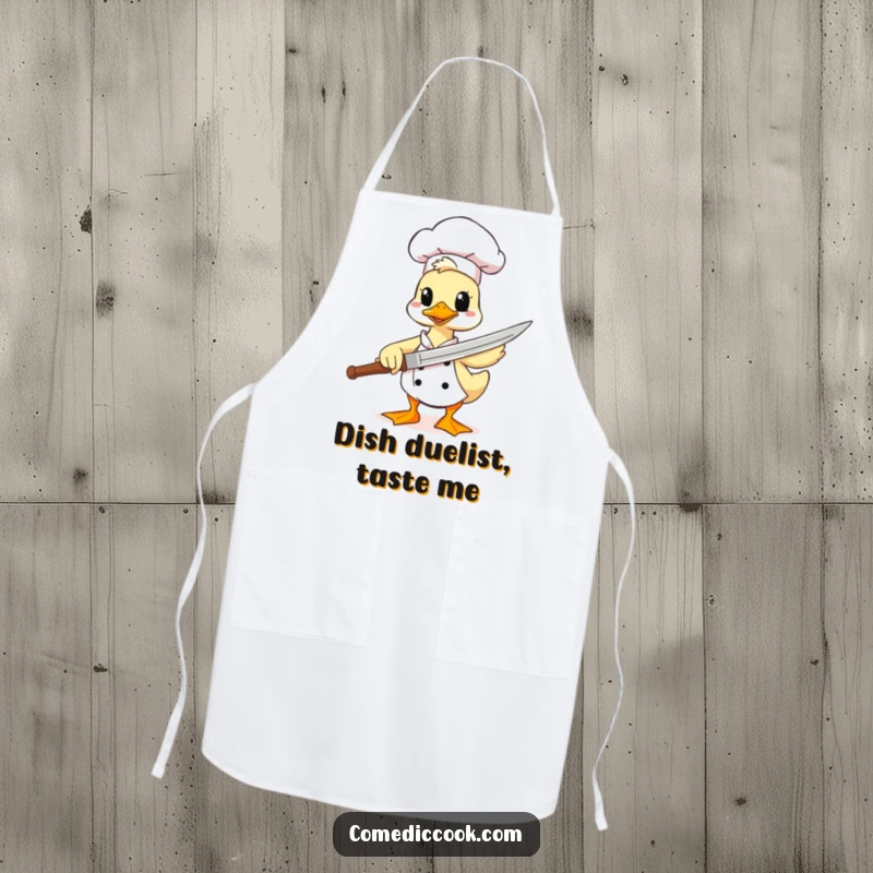 Funny duck chef apron, a comical character wielding a spatula as a sword, perfect for protecting clothes during cooking with a humorous theme.