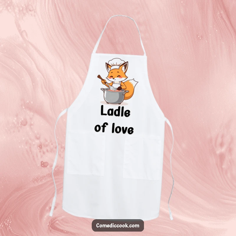 Funny determined fox chef in an apron, playfully stirring a bubbling pot with a ladle, printed on a durable apron.
