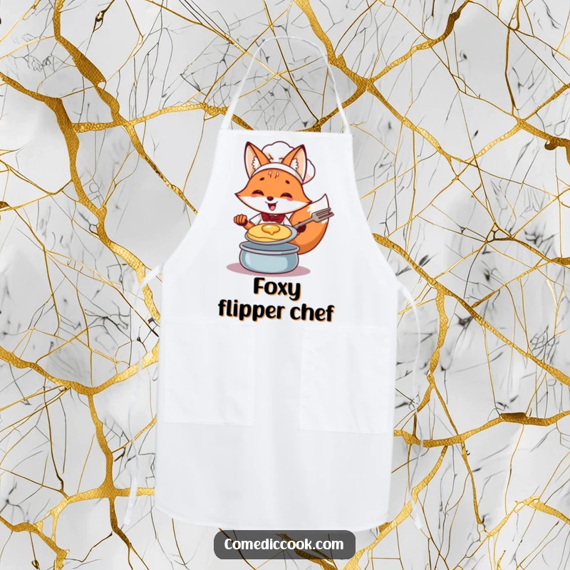 Funny Fox Chef Apron: Cheerful fox expertly flipping a pancake, a humorous and functional kitchen accessory.