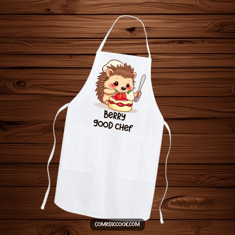 Funny Apron: A charming hedgehog chef is depicted with a berry poised above a dessert, ready to cook.