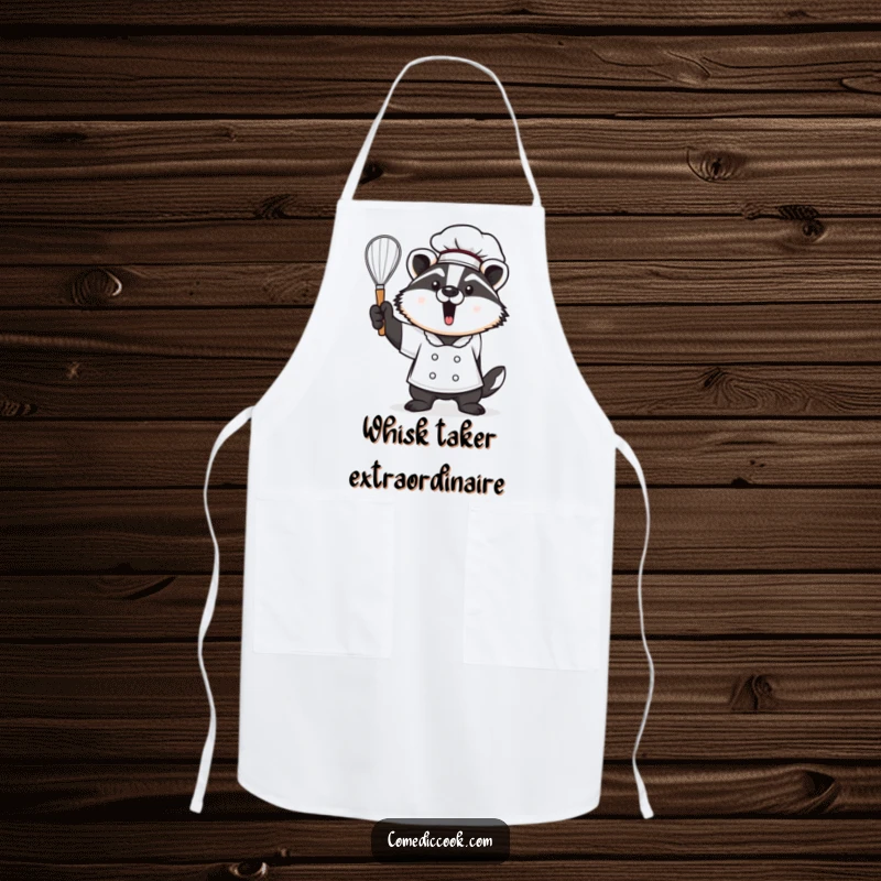 Funny Kawaii badger chef apron, featuring a proud badger holding a whisk aloft. Stylish and practical kitchen wear, excellent funny gift.