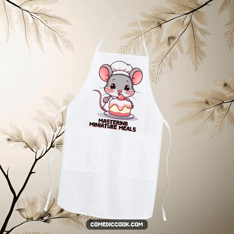 Funny Kawaii mouse chef apron, showing a determined mouse holding a tiny cake. Stylish and practical kitchen wear, excellent funny gift.
