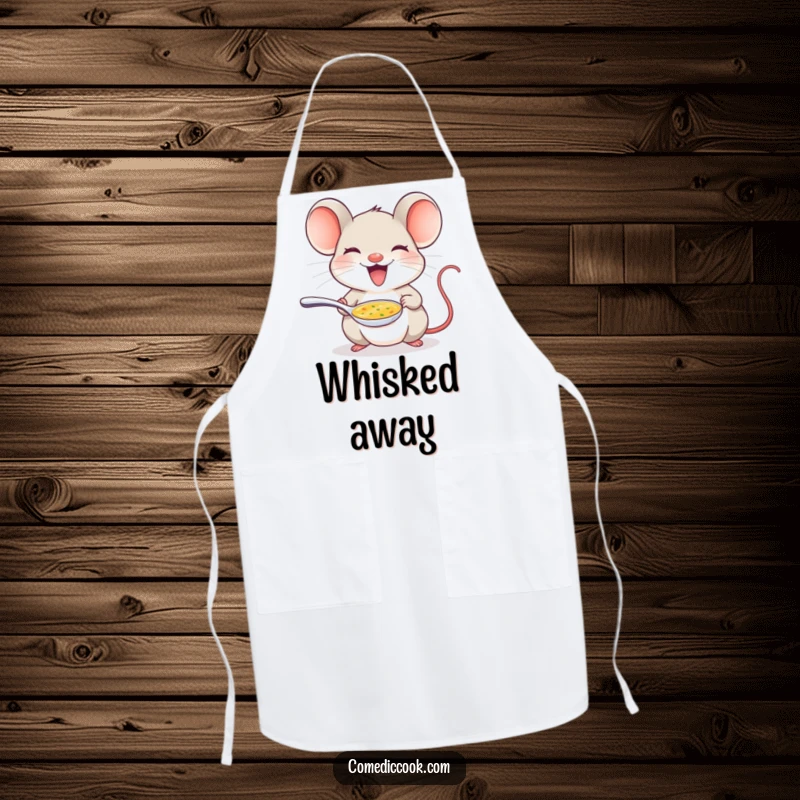 Funny mouse apron showing a delighted mouse offering a tiny spoon of soup, ideal for cooks with humor.