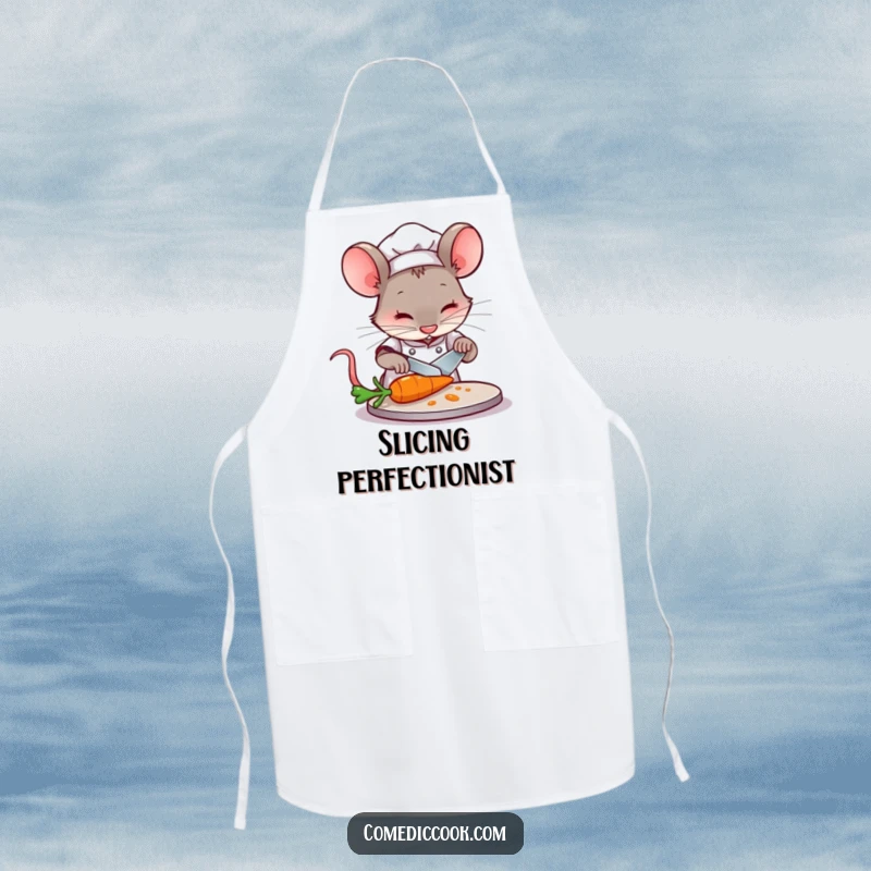 Funny Mouse Chef Apron: A concentrated mouse chef slices a carrot, a humorous and practical kitchen accessory.