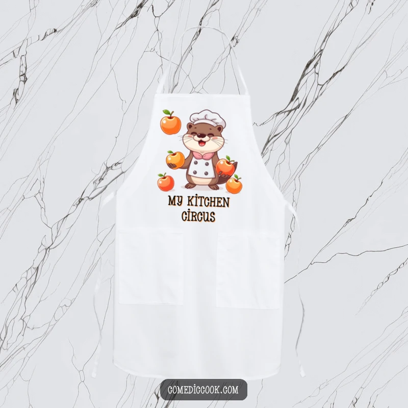Funny happy otter chef juggling three shiny apples on a stylish and humorous kitchen apron.