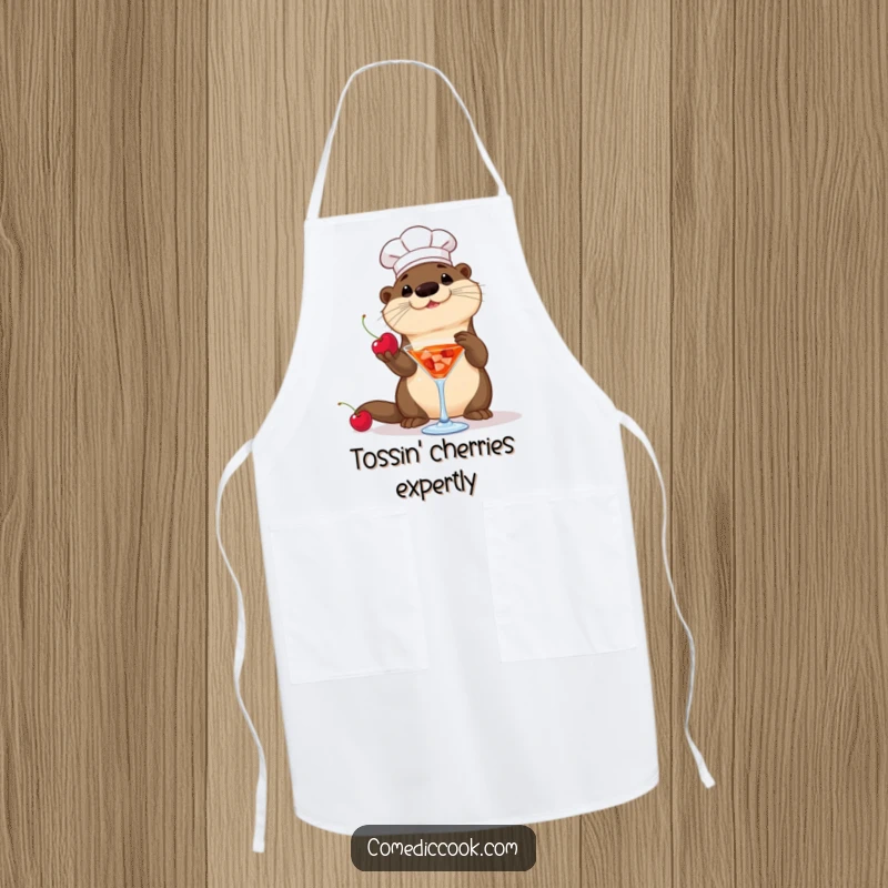 Funny Otter Chef Apron: A playful otter chef tosses a cherry into a cocktail, a humorous and practical bar accessory.