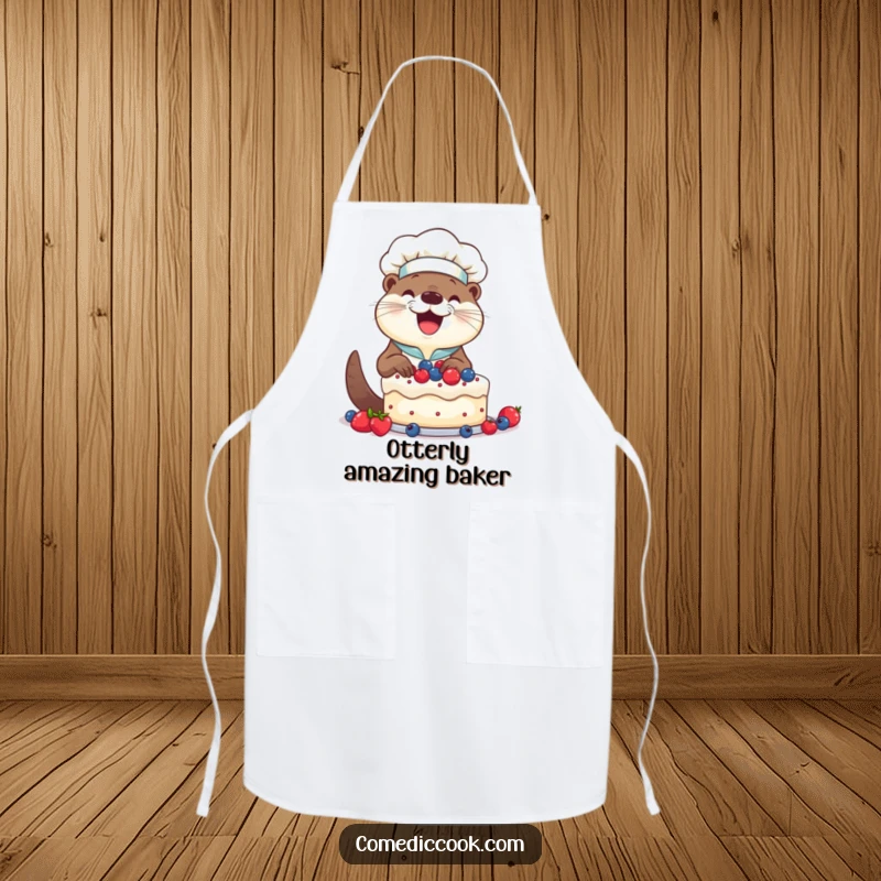 Funny Otter Chef Apron: Smiling otter happily decorating a cake with berries, a humorous and functional baking accessory.