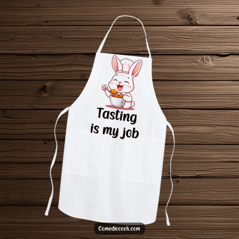 Funny Apron: A cheerful rabbit chef joyfully tastes a spoonful of stew, making cooking fun.