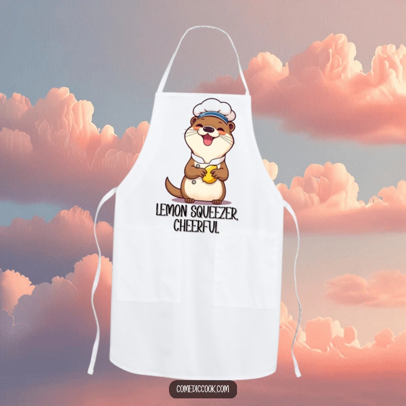 Funny otter chef apron, a cheerful character giggling while squeezing a lemon, perfect for protecting clothes during cooking with a humorous theme.
