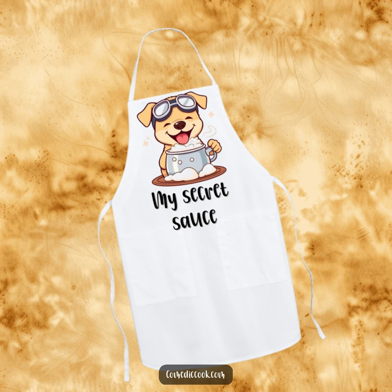 Funny apron depicting a dog wearing goggles, tasting a bubbling pot, designed for kitchen protection with a humorous and adventurous theme.
