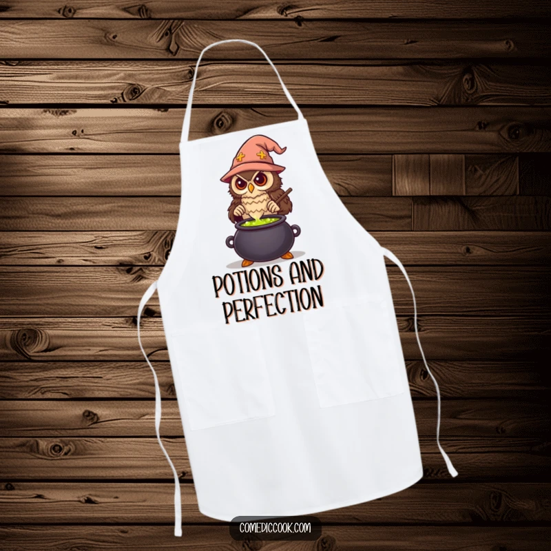 Funny Wise Owl Chef Apron showing a wise owl actively stirring a bubbling potion in a cauldron, a whimsical and practical kitchen accessory.