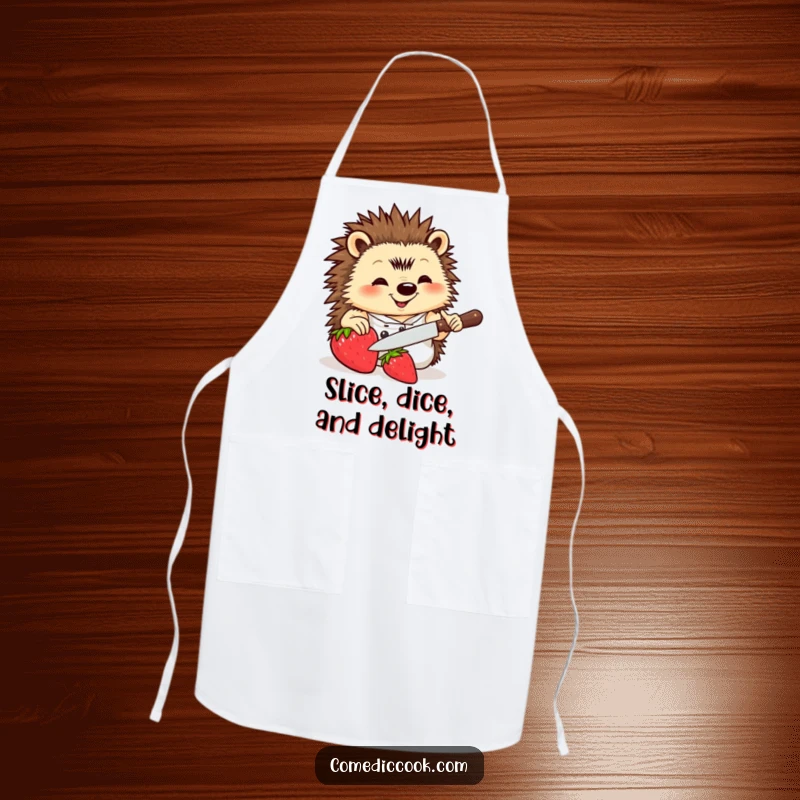 Funny Hedgehog Chef Apron featuring a determined hedgehog chef slicing a strawberry with a tiny knife, ideal for kitchen fun and protection.