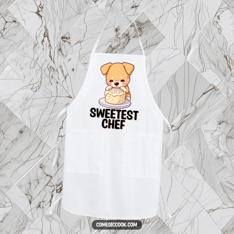 Funny apron depicting a dog carefully decorating a cake with sprinkles, designed for kitchen protection with a humorous and charming baking theme.