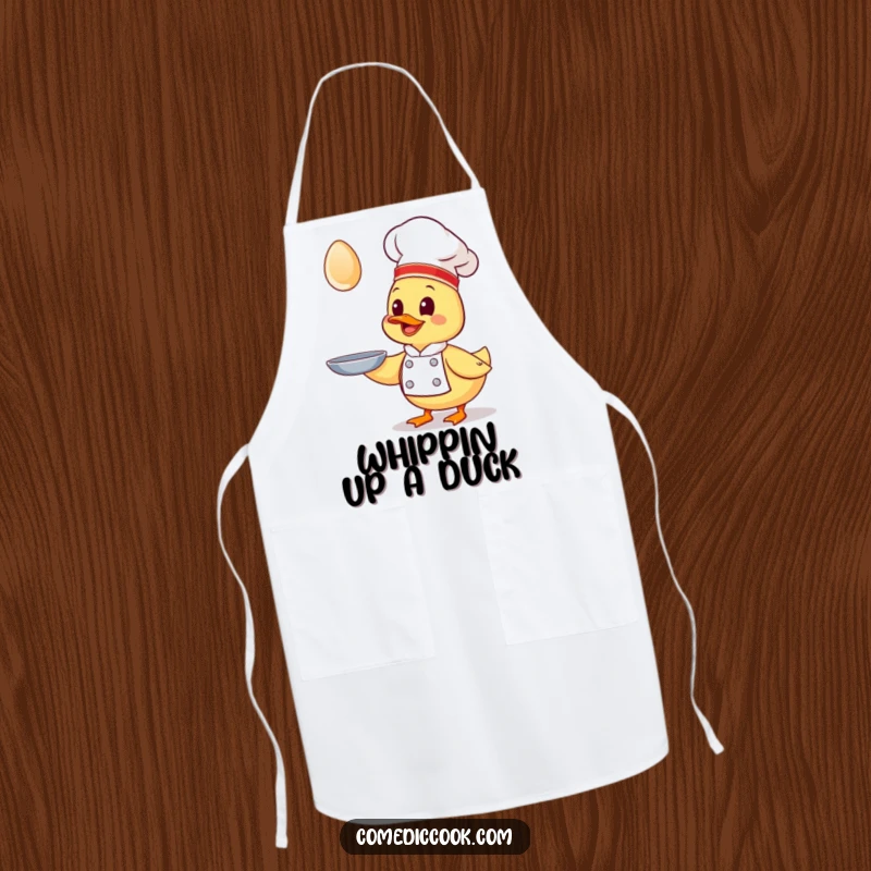 Funny Kawaii duck chef apron, a giggling duck chef attempting to catch a flying egg, protective kitchen wear with a humorous design.