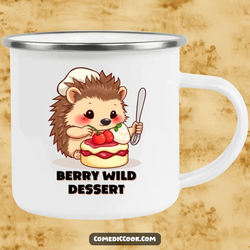 Funny Camping Mug: A hedgehog chef carefully decorates a dessert, perfect for your outdoor beverage.