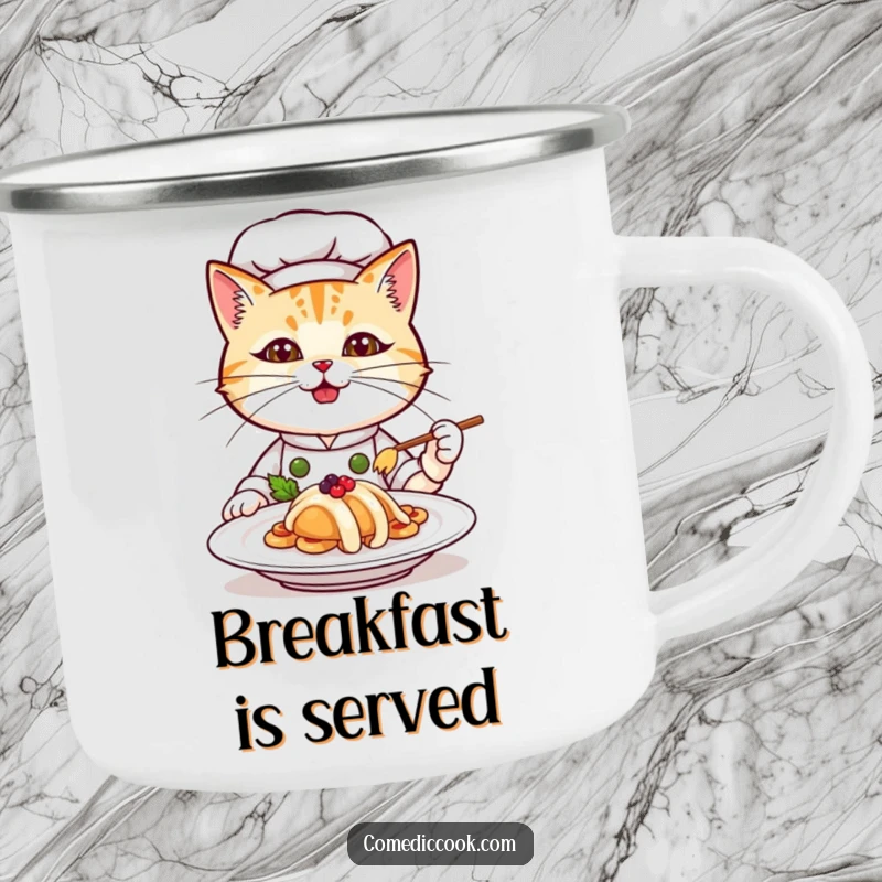 Funny cat chef camping mug, a determined feline chef with a plated dish, ready for outdoor culinary adventures with a smile.