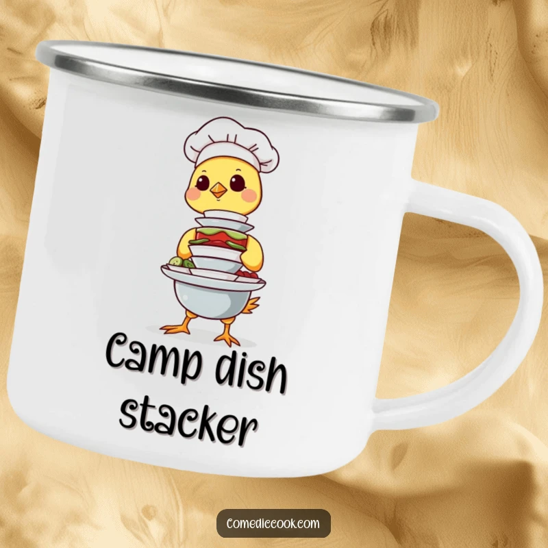 Funny Chick Chef Camping Mug featuring a determined chick balancing a stack of tiny dishes, perfect for outdoor adventures and a touch of humor.
