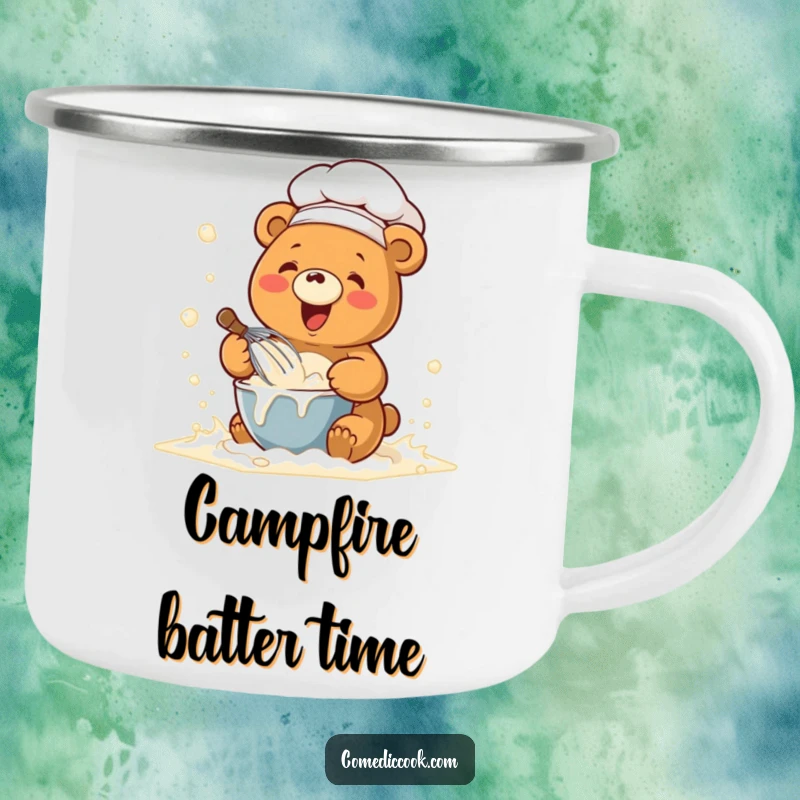 Funny camping mug with a kawaii chef bear whisking batter in a flour cloud, designed for outdoor baking fun.