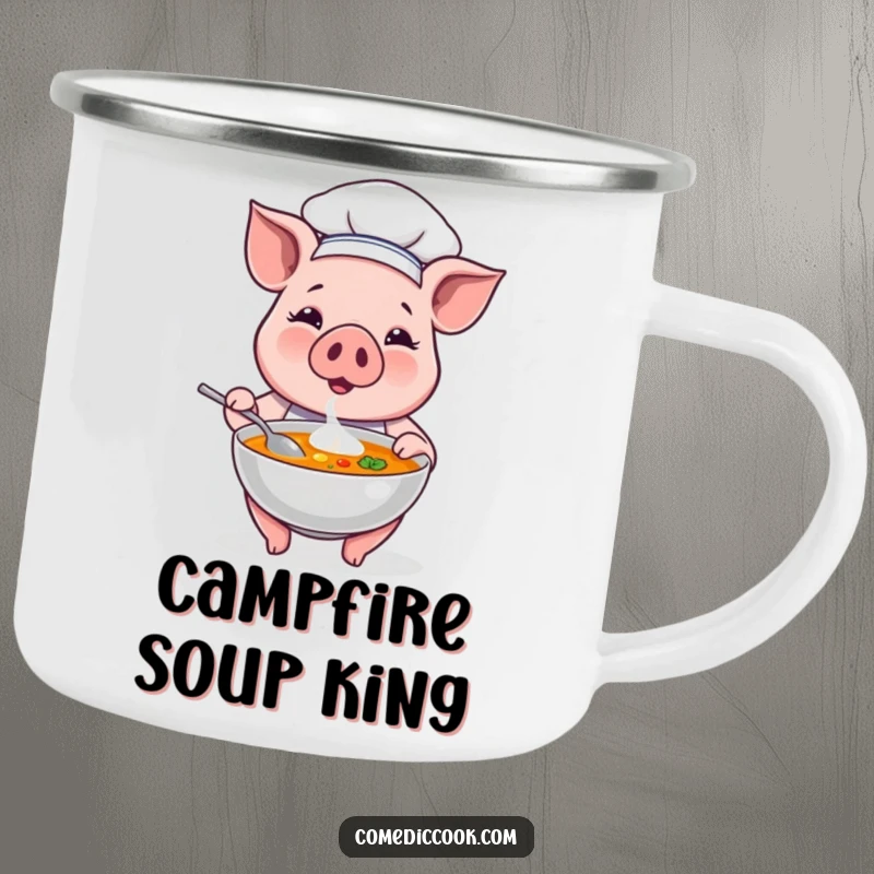 Funny pig chef proudly serves soup on a durable camping mug, ideal for outdoor adventures and enjoying beverages with a chuckle.