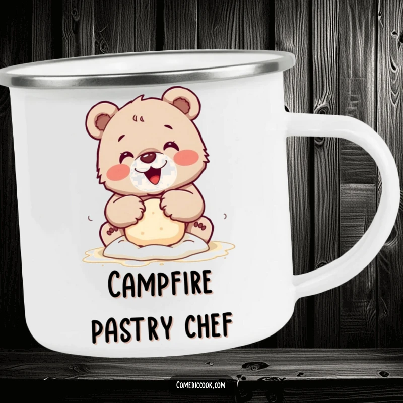 Funny camping mug with a tiny bear cub kneading dough with floury paws, perfect for enjoying drinks outdoors with a sweet theme.