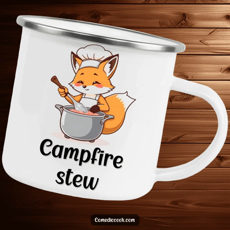 Funny fox chef stirring a bubbling pot with a ladle, ready for adventure on a durable camping mug, perfect for outdoor enthusiasts.