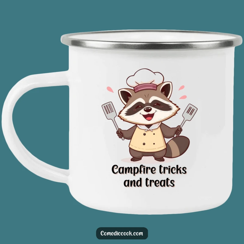 Funny Raccoon Chef Juggling Spatulas Camping Mug - Adventure & Tricks!