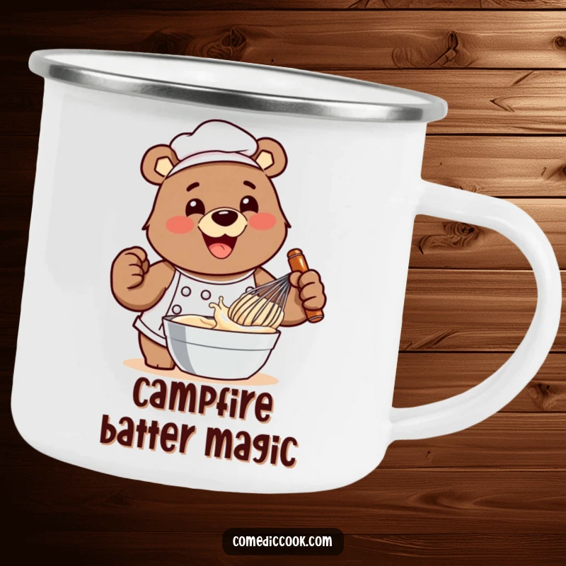Funny bear chef camping mug showing him whisking batter with excitement, perfect for outdoor baking and coffee breaks.