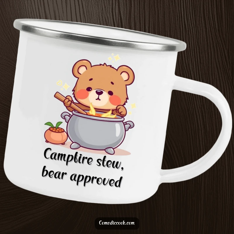 Funny Bear Cub Chef Camping Mug showing a bear cub stirring a soup pot, ideal for outdoor enthusiasts.
