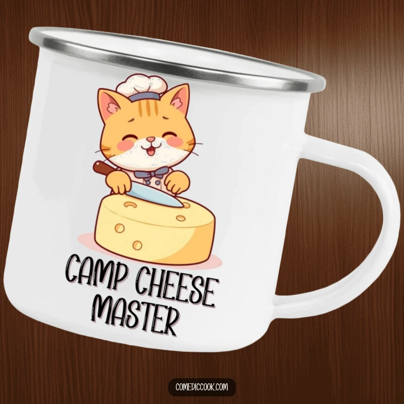 Funny Cat Chef Camping Mug featuring a happy cat slicing a giant cheese wheel, perfect for outdoor enjoyment and a touch of humor.