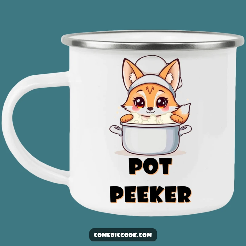 Funny Fox Chef Camping Mug: Curious Peeking Enamel Cup, Rugged & Hilarious Outdoor Drinkware, Excellent Funny Gift!