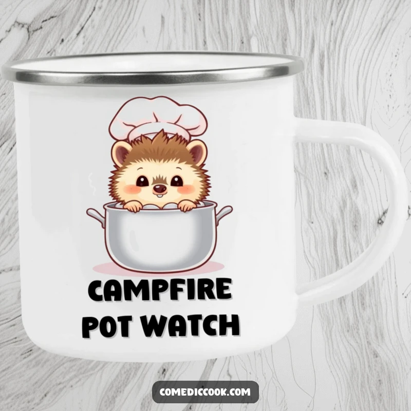 Funny curious hedgehog chef peeking into a steaming pot on a durable camping mug for outdoor fun.