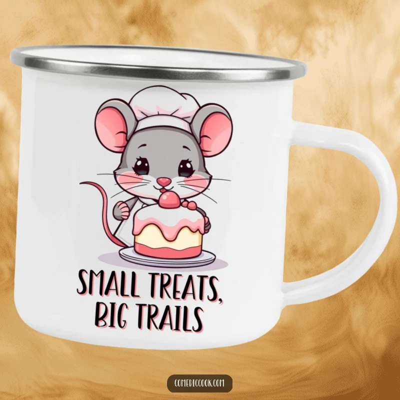 Funny Kawaii mouse chef camping mug, showing a determined cute mouse with a tiny cake. Durable enamel cup, excellent funny gift.