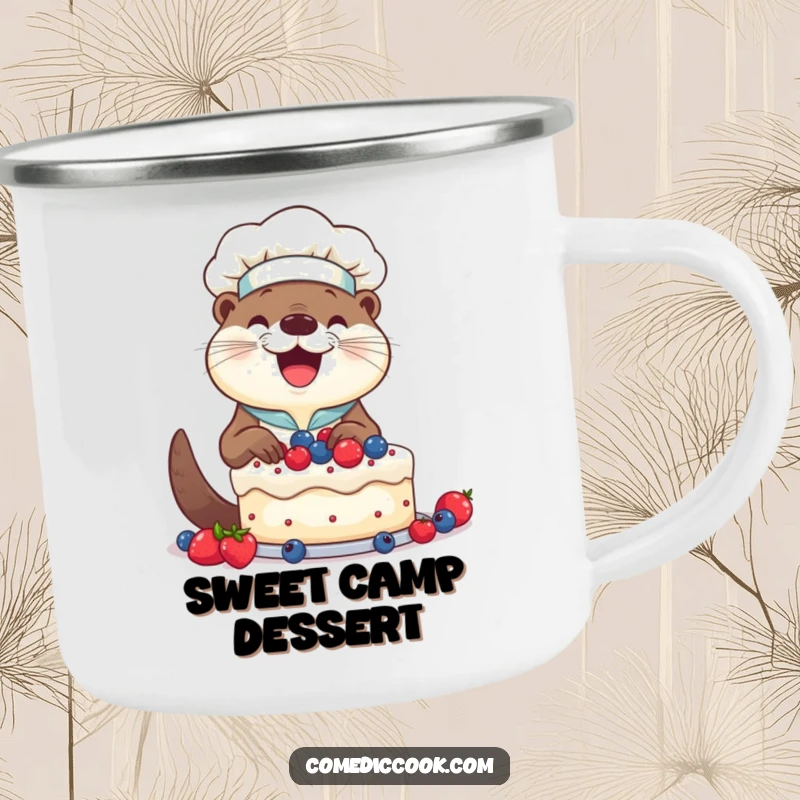 Funny Otter Chef Camping Mug: Smiling otter happily decorating a cake with berries, a durable and humorous outdoor cup.