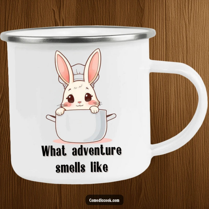 Funny Rabbit Chef Camping Mug: Cute bunny chef peeking into a steaming pot, a durable and humorous outdoor cup.