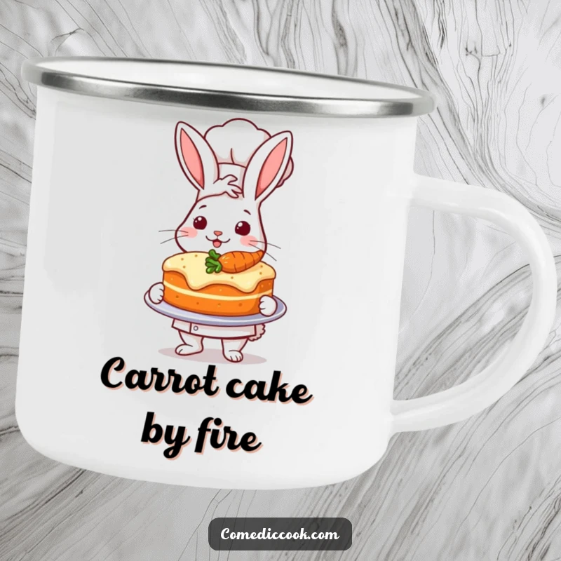 Funny enamel camping mug with a proud rabbit chef presenting a carrot cake, great for outdoor baking.