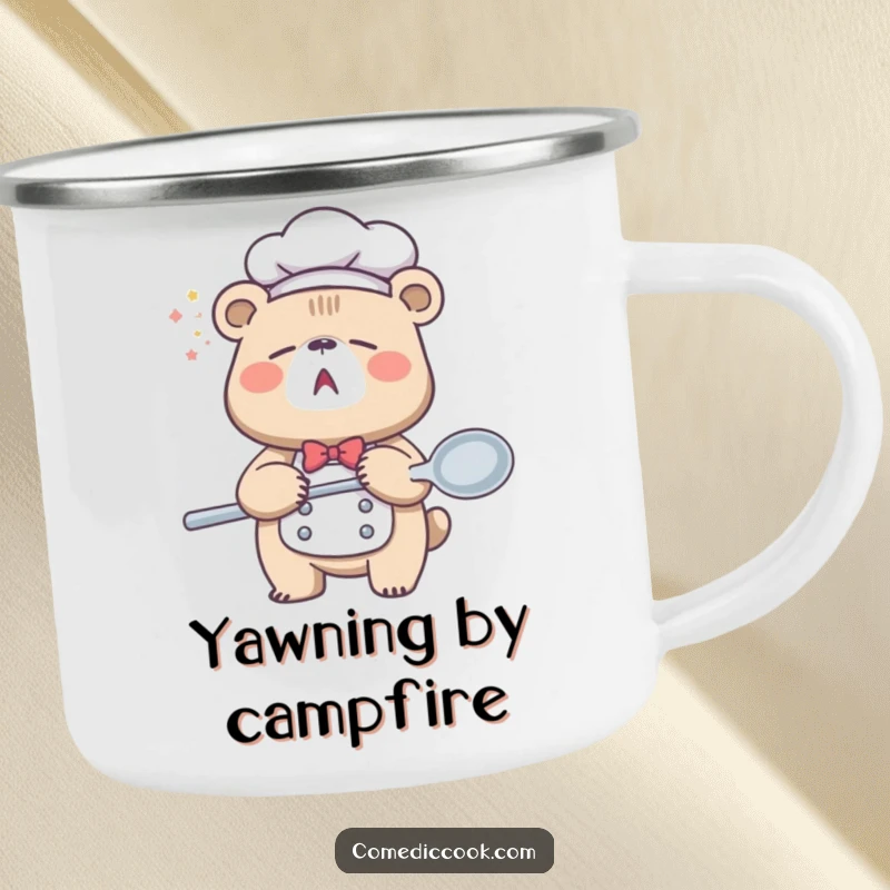 Funny Sleepy Bear Chef Camping Mug featuring a yawning bear holding a giant spoon, perfect for outdoor enjoyment and a touch of humor.