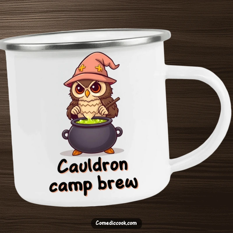 Funny Wise Owl Chef Camping Mug featuring a wise owl stirring a bubbling potion, perfect for outdoor adventures and a touch of kitchen magic.