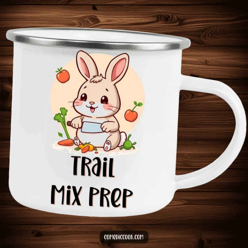 Funny Rabbit Chef Camping Mug: Sturdy enamel mug featuring a funny rabbit chef chopping vegetables, perfect for outdoor enthusiasts and coffee lovers.