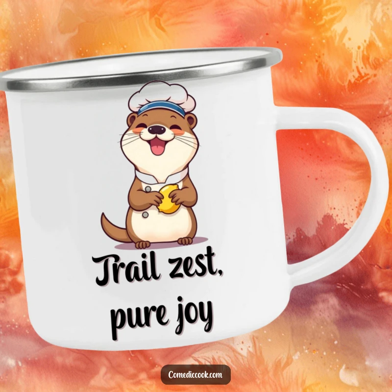 Funny otter chef camping mug, a cheerful character giggling while squeezing a lemon, ideal for enjoying beverages during outdoor adventures with a humorous theme.