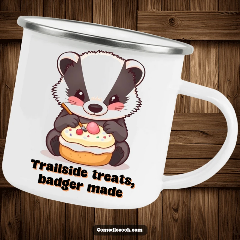 Funny Badger Decorator Camping Mug showing a badger decorating a pastry, perfect for outdoor focus.