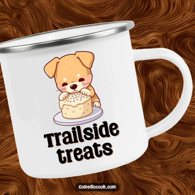 Funny camping mug showing a dog meticulously decorating a cake with sprinkles, designed for durability and bringing sweet humor to outdoor adventures.