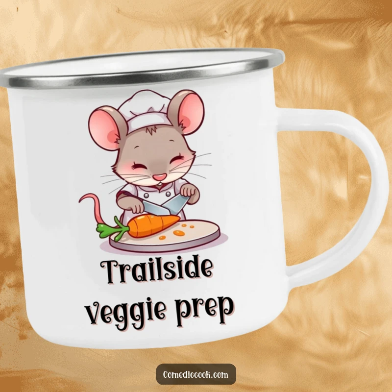 Funny Mouse Chef Camping Mug: A concentrated mouse chef slices a carrot, bringing humor to outdoor drinks.