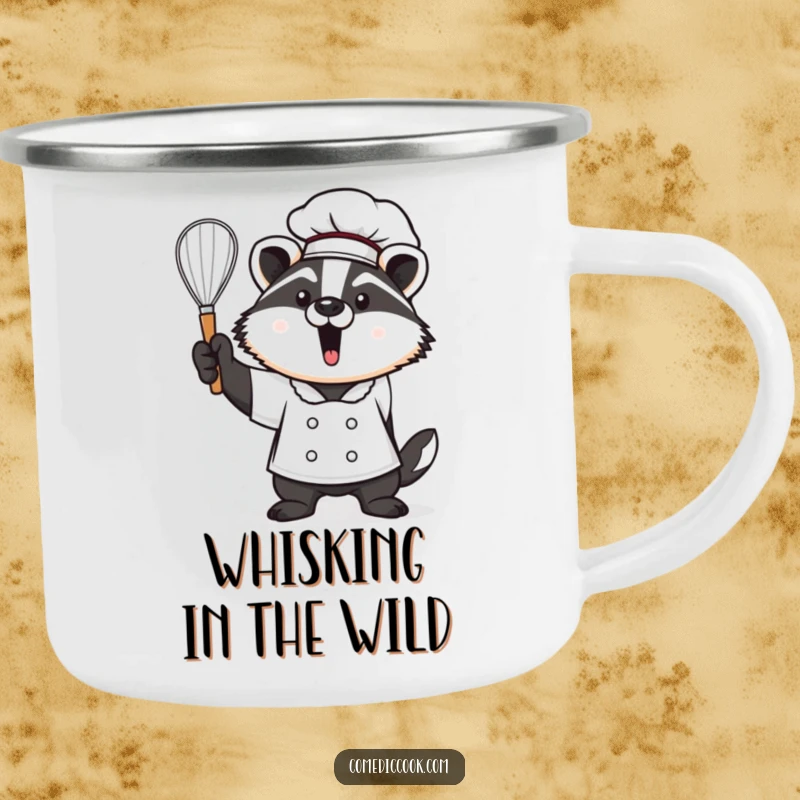 Funny Kawaii badger chef camping mug, featuring a proud cute badger holding a whisk aloft. Durable enamel cup, excellent funny gift.
